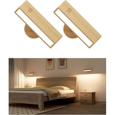 TIVCROXS - AMXCNOY Lot de 2 appliques murales intérieures en bois massif – Lampe sans fil rechargeable USB – Luminosité réglable 160 lm – Installation sans perçage (1/5)