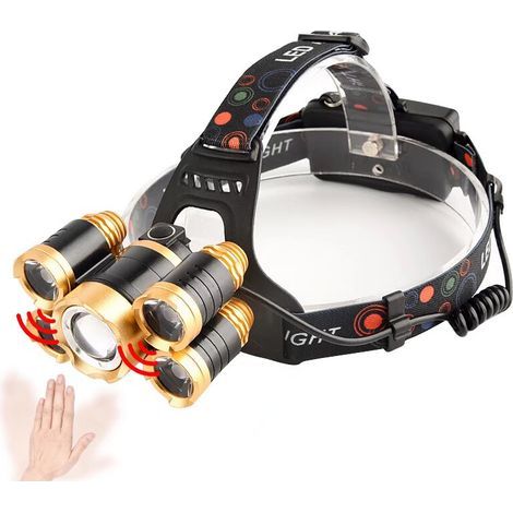 AIDUCHO Stirnlampe, ultrahelle 5-LED-Stirnlampe mit Betriebsanzeige, 12000 Lumen, USB-wiederaufladbar, wasserdicht (1/4)