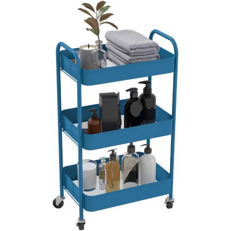 Carrito de servicio de acero con espacio de almacenamiento, con ruedas, 3 estantes perforados, 45 x 30,6 x 79 cm, azul oscuro. (1/5)