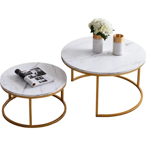 Duo de tables basses rondes gigognes blanc et or – Tables d’appoint élégantes pour salon, avec structure dorée (1/5)