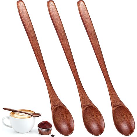Wooden Spoons Set of 3 Long Handled Honey Tea Coffee Spoons Smooth Bamboo Spoons for Deep Cups, Glasses and Daily Cooking, Reusable Home Camping Accessories