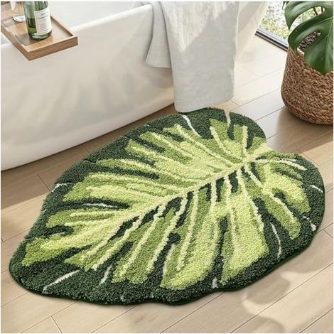 Tapis Salle de Bain Antidérapant 60 x 80 cm, Tapis Douch Absorbant et Lavable avec Motif Monstera pour Baignoire, Chambre, Enfants, Vert (1/4)