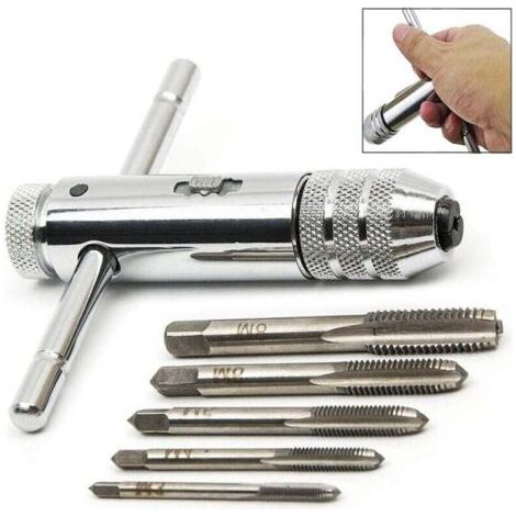 Pair Verstellbarer T-Griff-Ratschen-Gewindebohrer-Stützschlüssel in Silber, mit 5 Teilen M3-M8 3mm-8mm, Maschinenschraubengewinde, metrischem Stopfen, T-förmigem Gewindebohrer