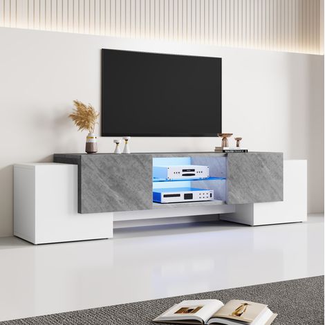 Meuble TV 180x40x46,5 cm blanc et gris en MDF avec LED Bluetooth, rangement ouvert et portes silencieuses (1/5)
