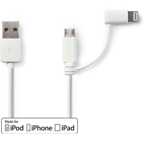 Cable 2 en 1 usb 20 usb a macho apple lightning 8 pinesusb micro b macho 480mbps 100m niquelado redondo pvc blanco bolsa de plastico (1/4)
