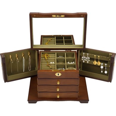 Caja para guardar joyas, 3 niveles, dimensiones 281918 cm, forro de felpa, compartimento para relojes 58,5 cm, diseño elegante. (1/5)