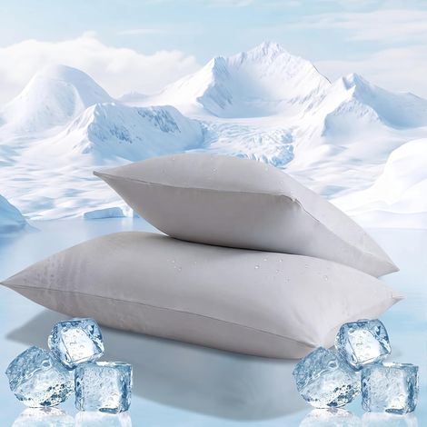 Taies d'Oreiller Rafraîchissantes 45x70 cm (Lot de 2) , Protège Oreiller, Anti-Statique Soie de Glace Douce Contre la Casse des Cheveux et Rides, Parure de Lit Été (1/5)