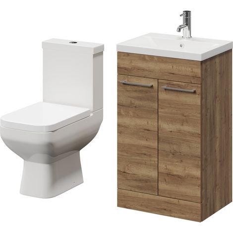 Turin Tobacco Oak 500mm Floor Standing Vanity Unit and Toilet Suite with 1 Tap Hole Glide Basin and 2 Doors with Chrome Handles (1/5)