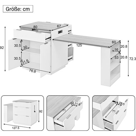 Kücheninsel mit Rollen, Ausziehbarer Esstisch mit LED-Beleuchtung und verstellbaren Regalböden, Küchentisch mit Steckdosenleisten und Schubladen, dient als Kücheninsel, Küche und Esszimmer (Schwarz) (1/5)