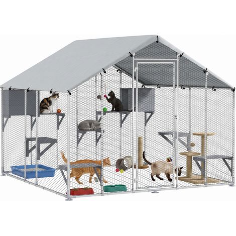PawHut jaula grande para gatos exterior, recinto 5 gatos con casitas, plataformas para saltar, cubierta impermeable y anti-UV, 240x193x195 cm, plata (1/5)