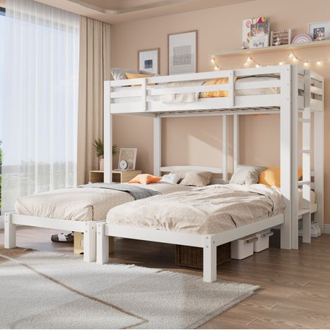 Lit superposé triple en bois 90 x 200 cm – 3 couchages – échelle latérale réversible – barrières de sécurité – blanc (1/4)