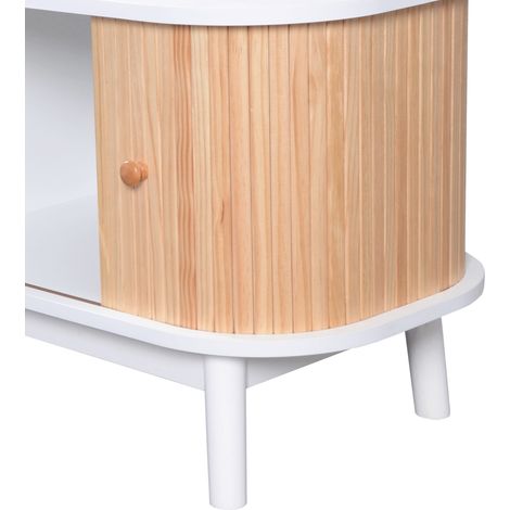 Meuble télé 170 cm, blanc et bois naturel, esprit campagne, banc télévision blanc et bois en MDF, portes, tiroirs et porte coulissante, meuble TV moderne pour salon et séjour (1/5)