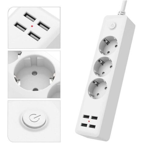 Multiprise USB standard européenne avec 3 prises, multiprise avec 4 ports USB, multiprise avec interrupteur, cordon d'alimentation de 1,5 M, convient pour la maison, le bureau, l'installation murale-C (1/5)