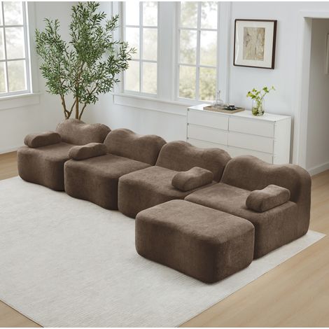Canapé d’angle modulare in velluto marrone con pouf collegabile, design ondulato, 2-4 posti (1/5)