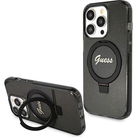 Guess GUHMP13LHRSGSK iPhone 13 Pro / 13 6.1" nero/custodia rigida nera con anello di supporto e scritta glitterata MagSafe (1/5)