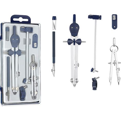 Elkuaie Ensemble de géométrie - Outil de dessin avec boussole en métal - Instruments de dessin de précision pour travaux techniques - 7 pièces - Pour étudiants et professionnels Bleu (1/5)