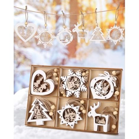 24PCS Decoration Noel Bois Ornements - AQSACOKIYA - Boule en Bois Pendentifs Artisanat - Suspension Sapin de Noël Déco pour DIY Fête (1/4)