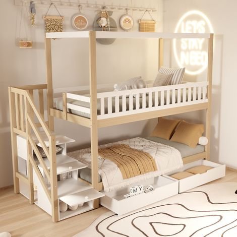 Cama alta 140x200cm, cama infantil/juvenil con baldas y pequeño armario, colchón no incluido, color negro (1/5)