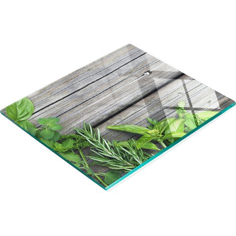 Tablero decorativo multifuncional de vidrio templado con dise帽o de hierbas y madera, 60x52 cm.