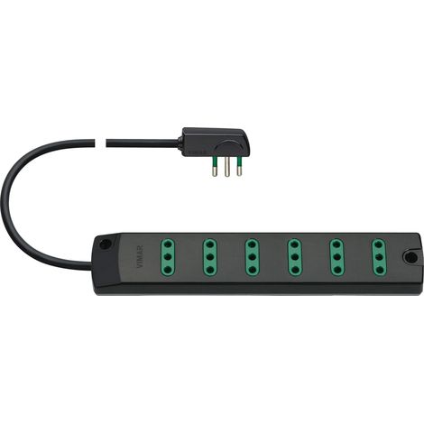 VIMAR FP00402.C Presa mobile multipla con 6 uscite SICURY P11 (piccole), cavo 1,5 m e spina piatta 2P+T 10A (piccola) standard italiano tipo SPA11, Nero