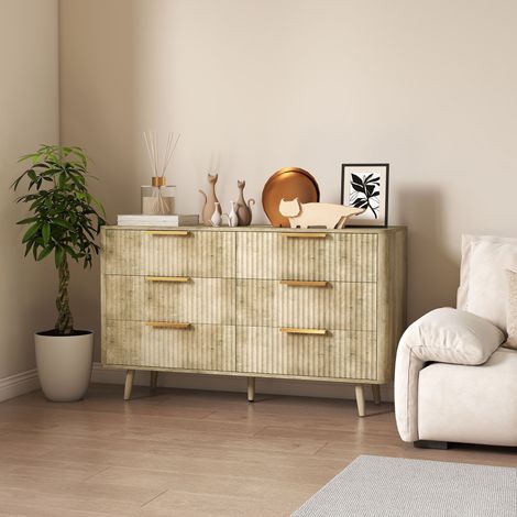 Skandinavische Kommode mit 6 Schubladen, Griffen und Beinen aus Kiefernholz, für Schlafzimmer, Wohnzimmer, Flur, 120 x 40 x 76 cm, Eiche
