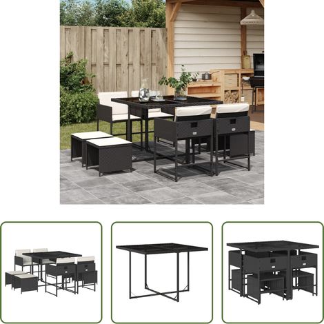 Gartentisch - 9-tlg. Garten-Essgruppe mit Kissen Schwarz Poly Rattan (1/5)