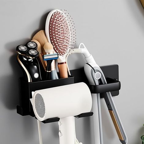 Support Seche Cheveux sans Percage, Porte Seche Cheveux et Lisseur, Porte-sèche-Cheveux Mural, Support de Câble avec Trous de Fixation,Organisateur de Salle de Bain pour Hôtel