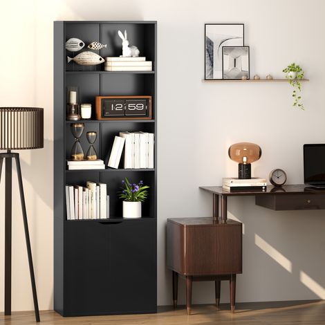 Bibliothèque Armoire à livres avec 4 compartiments ouverts et 2 portes pour le salon et le bureau 59x29x180 cm Noir