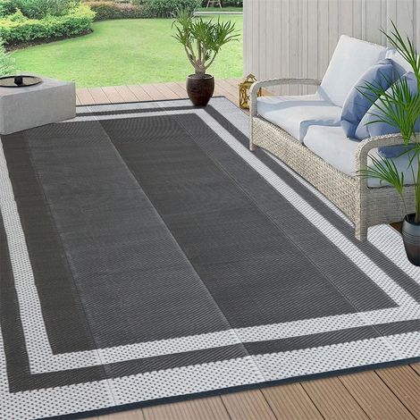 Tapis extérieur tressé 122 x 183 cm – Tapis de terrasse en plastique gris et blanc – Imperméable, léger et facile à transporter – Pour terrasse et extérieur (1/5)