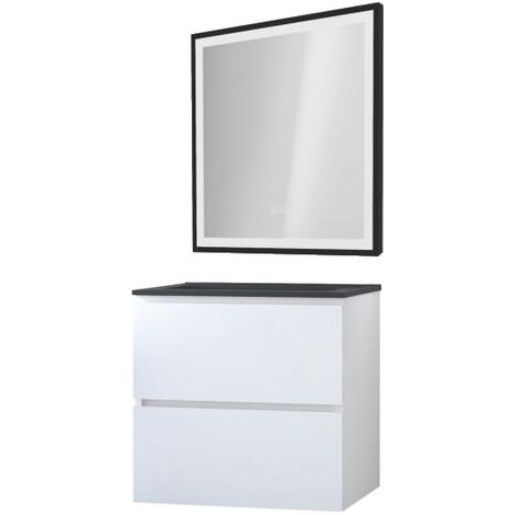 ONDEE - Mueble de baño TRENDY - 60 cm - Blanco mate - 2 Cajones - Tapa negra + espejo SELENA (1/4)