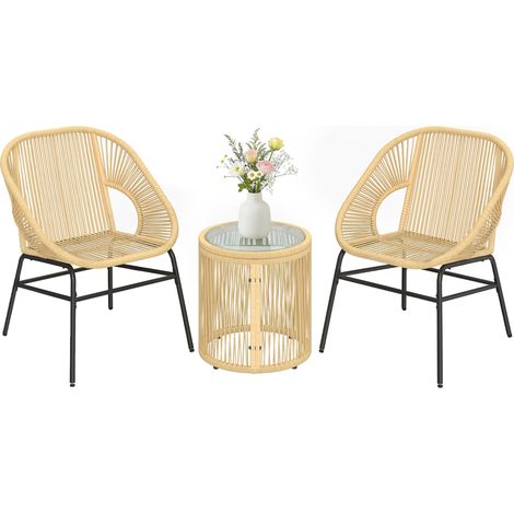 Polyrattan Bistroset 3-teilig Balkonmöbel Set mit 2 Stühlen und rundem Glastisch gehärtetes Glas Beige