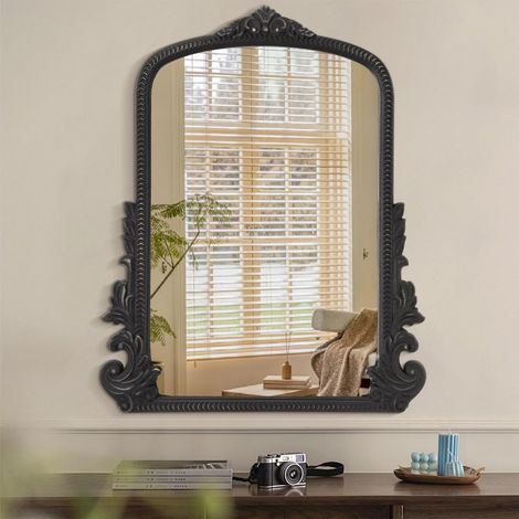 Miroir Mural Antique Noir Arc Baroque Miroir à Cadre en Bois Traditionnel gravé Miroir Mural Suspendu décoratif Miroir Suspendu Salon Chambre entrée cheminée esthétique (1/5)