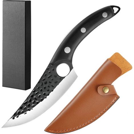 Machette découpe manche bois noir forgé martelé Abattage, désossage, tranchage viande, poisson, porc, mouton, épluchage Étui cuir PU fait main avec support intérieur (1/5)