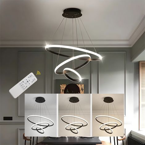 Suspension LED Noire 40W, Lustre 3 Anneaux Dimmable Télécommande, 3000K-6500K, Ø60 cm