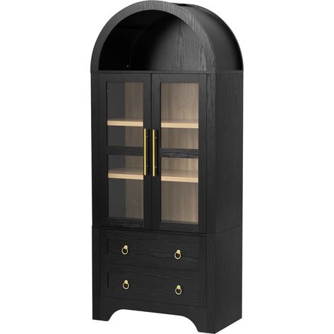 Credenza alta nera con ante in vetro, 2 cassetti e ripiani regolabili, 76,2 x 40,1 x 180 cm (1/5)