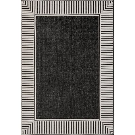 Tapis d'extérieur de 1,22 x 1,82 mètre avec bordure à rayures décontractées - salles à manger et salles de bains. Noir - résistant aux taches et durable (1/5)