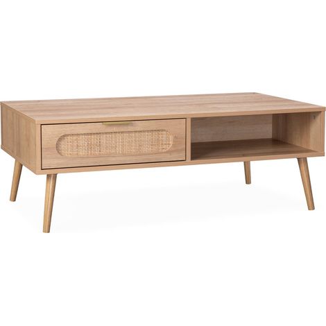 Table basse. Eva. scandinave en cannage arrondi et en décor bois. 1 tiroir réversible L110 x l59 x H39cm (1/5)