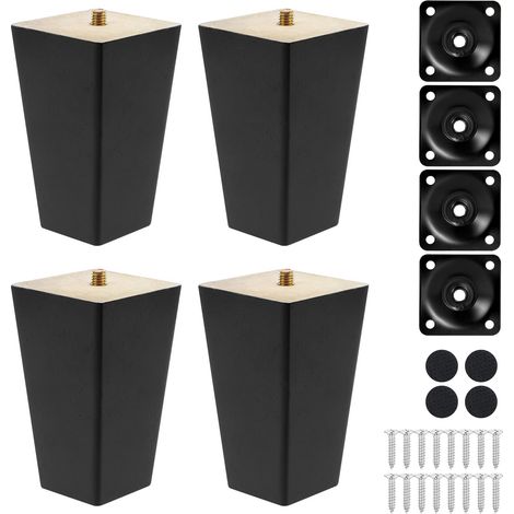 4 Pcs Pieds De Meuble en Bois, 10cm Pieds de Table en Bois Massif, Pieds de Meubles de Remplacement avec Vis de Plaque de Montage et Protecteur Antidérapant (1/5)