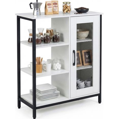 Buffet de Rangement avec Placard à Porte en Maille, Étagères Réglables, Cadre en Métal, Kits Anti-basculement, pour Salon, Cuisine, 70x30x81 cm, Blanc