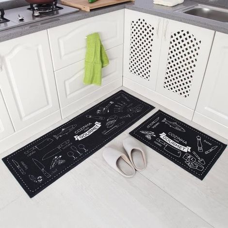 Tapis de Cuisine Antidérapant - 2Pièces - Noir - Absorbant - Lavable en machine - Design fin (1/4)