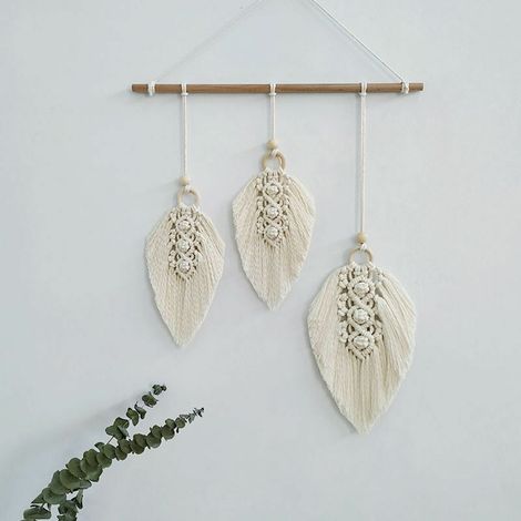 Boho-Makramee-Wandbehang, Feder-Makramee-Wandbehang, Makramee-Wanddekoration für Schlafzimmer, Wohnzimmer, Studentenwohnheim, Garten, 45 x 90 cm (Beige), Sonnig (1/5)