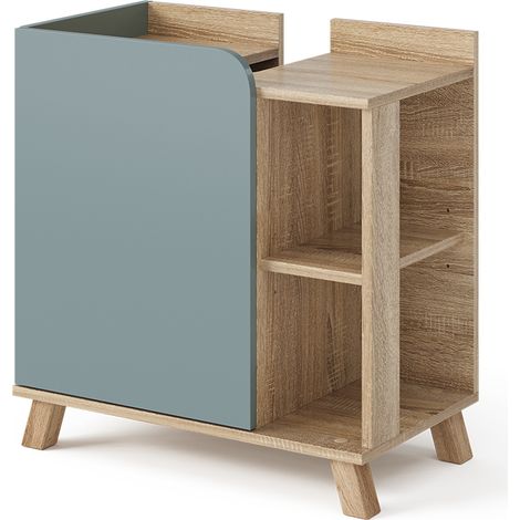 Meuble sous lavabo Karen, Bleu-gris, 60 x 65 cm avec porte et compartiments ouverts, Vicco