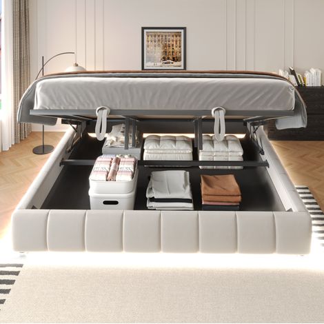 Letto imbottito 180 x 200 cm beige in flannelette, senza testiera, con LED e contenitore (1/4)