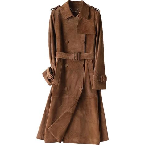 Trench-coat vintage en cuir de vache givré à double boutonnage avec ceinture pour femme (1/5)