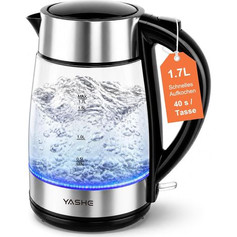 YASHE Glas-Wasserkocher FK-1805-1, 1,7 L, 2200 W, blaue LED (1/5)