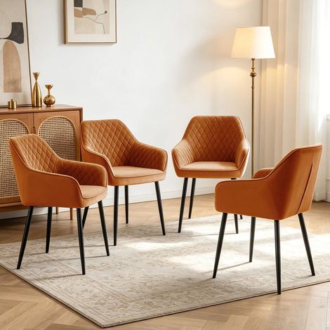 Dining Chairs 4pcs Velvet Kitchen Chairs Upholstered Seat with Backrest and Armrest Office chair, Orange