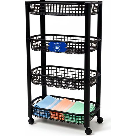 Küchenwagen auf Rollen mit 4 Korb Ablagen 79 x 46 cm Made in EU - schwarz - Kunststoff Rollwagen mit 4 Etagen