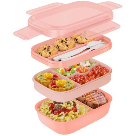 QORVA-Boîte à déjeuner, boîte à salade adulte 1900 ml avec 3 compartiments et couverts, boîte à fruits en plastique sans BPA, boîte à déjeuner micro-ondes pour bureau, école, pique-nique (rose)