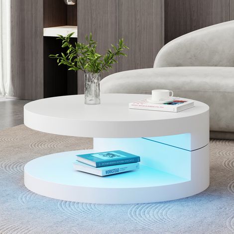Couchtisch MDF Weiß 70 cm rund, 360° drehbare Tischplatte mit LED und 2 Ebenen (1/5)