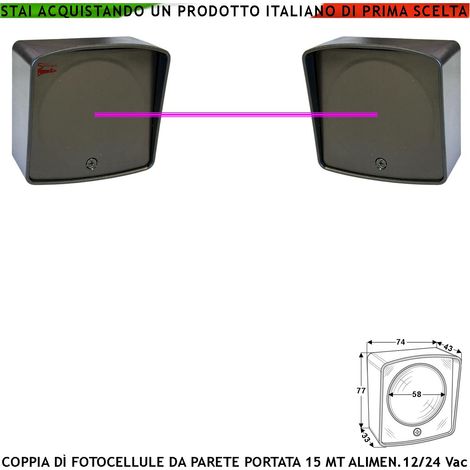 Fotocellule da Parete Controllo Sicurezza Cancello Automatico Elettrico Coppia TX e RX Portata 15 Metri Lineari Autoallineanti Sincronizzate Montaggio a Parete Oppure Palina Aliment. 12/24 Vac IP44 (1/4)